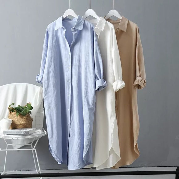 Shirt dress long women’s button collar top pockets  white - Picture 5 of 13
